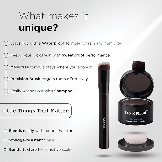 THICK FIBER Root Touch Up Powder with Brush – Covers Grey Roots, Thinning Hair & Bald Spots – Sweat & Water Resistant for Men & Women (Deep Dark Brown, 0.14 Ounce (Pack of 1))