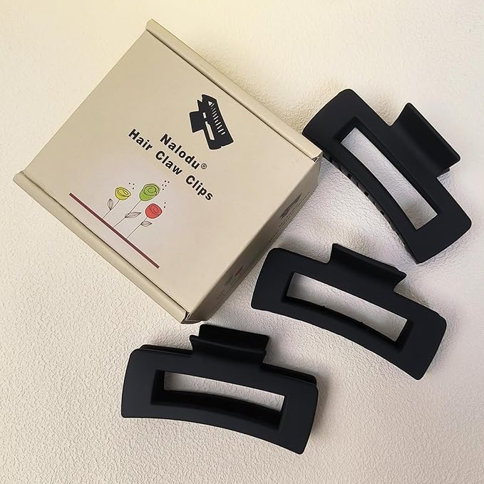 Nalodu Hair Claw Clips Large Square 4 Inch Matte No Slip Big Rectangle Jaw Clip Clamp for Thick Hair Women, 3 Pack Black