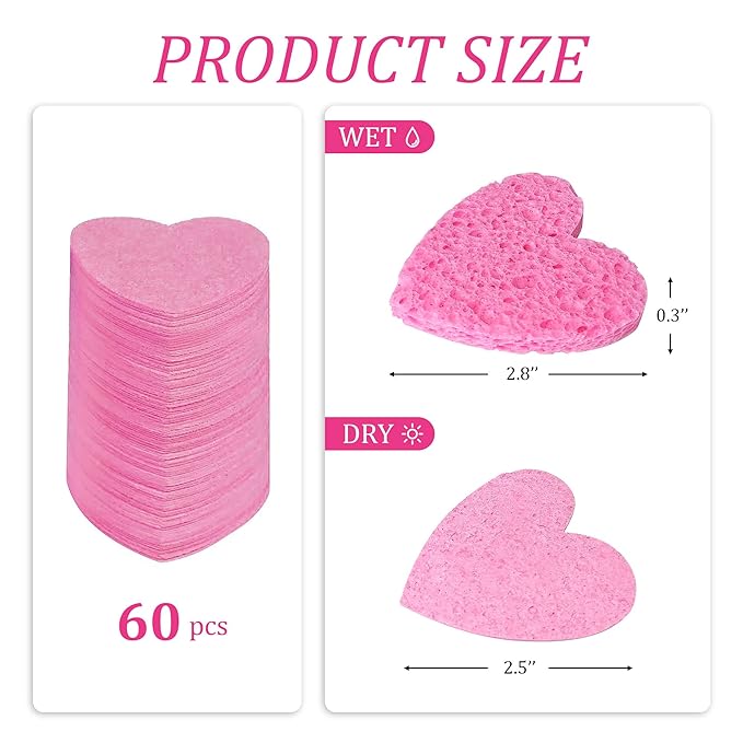 60-Count Kickleen Compressed Cellulose Heart Shape Facial Sponges | 100% Natural Cosmetic Spa Sponges for Facial Cleansing | Exfoliating | Makeup and Mask Removal | Reusable |Skin Massage (Pink)