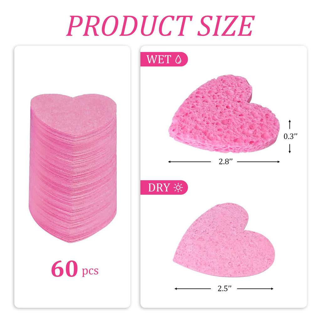 60-Count Kickleen Compressed Cellulose Heart Shape Facial Sponges,Pink