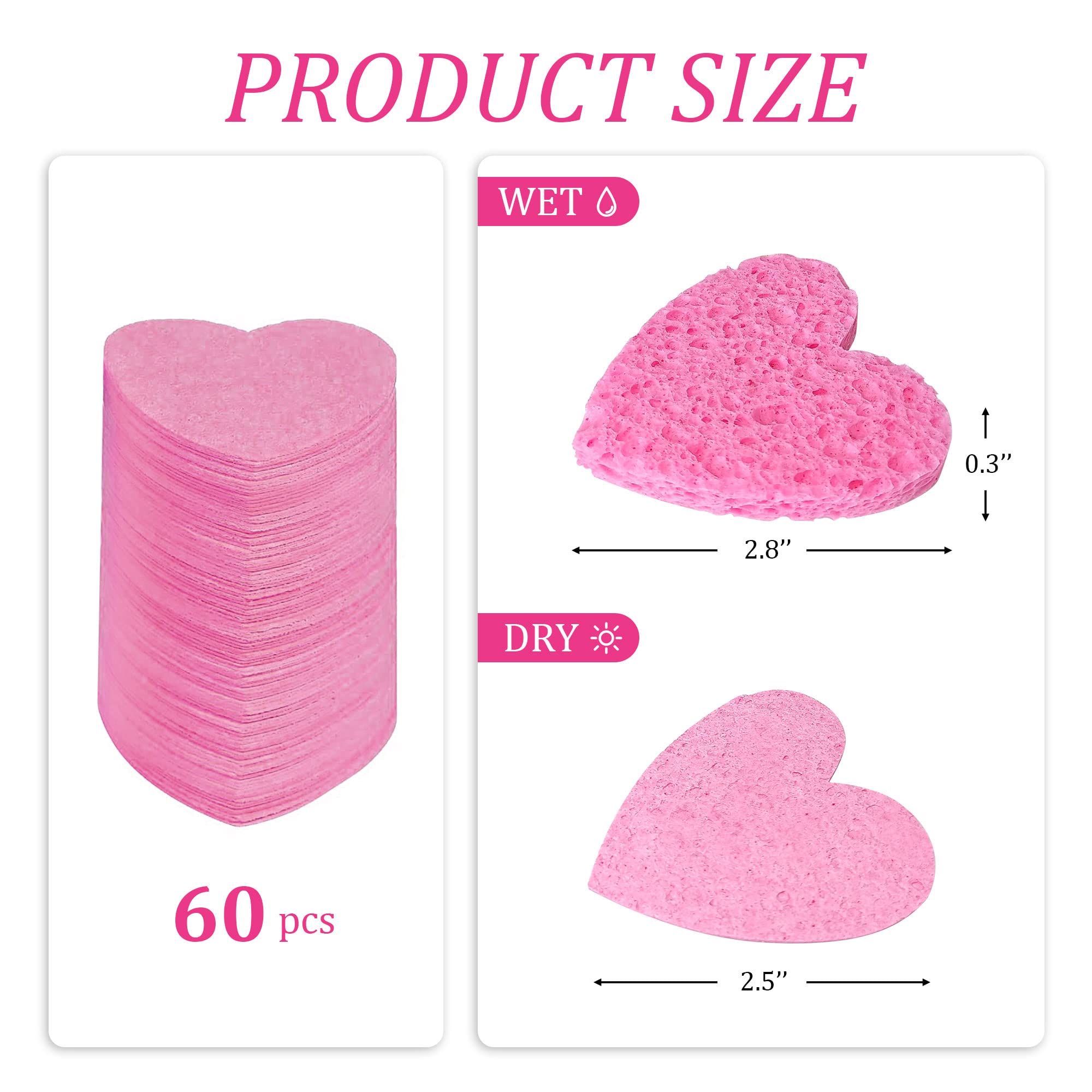 60-Count Kickleen Compressed Cellulose Heart Shape Facial Sponges,Pink