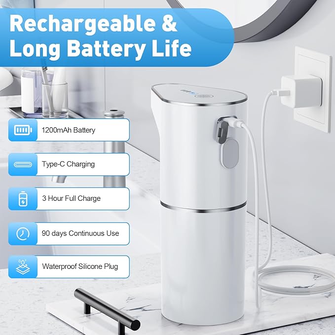 Automatic Soap Dispenser,Touchless Hand Wall Mount Rechargeable 3 Gear Adjustable Electric Soap Dispenser 350ml with Infrared Motion Sensor for Bathroom,Kitchen,Office, White Gel