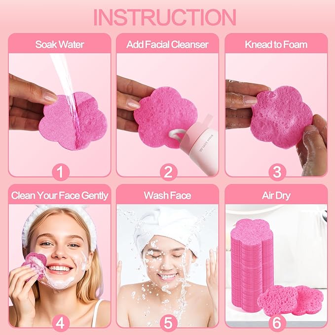 100-Count Facial Sponges Compressed Facial Sponges Natural Facial Cleansing Sponges Pads Cute Flower Shape Exfoliating Sponges for Cleansing Reusable,Best Makeup Gift, Pink