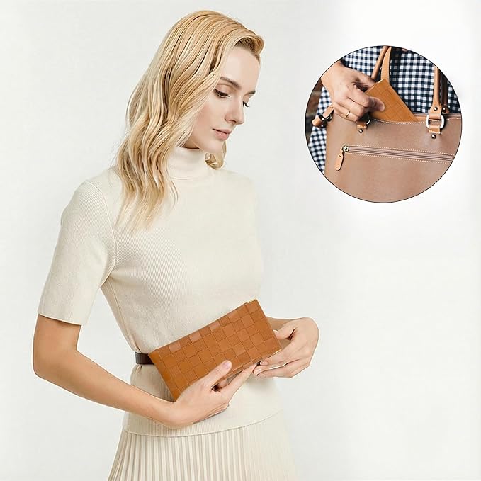 2Pcs Small Makeup Bag for Purse, Mini Checkered Leather Purse Pouches for Purse Small Makeup Pouch Small Coin Purse Organizer Pouches, Portable No Zipper Pocket Cosmetic Bag for Women (Brown)