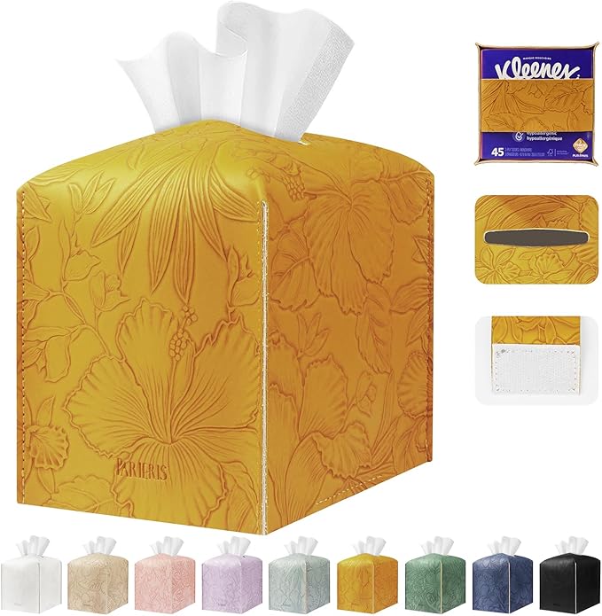 PARIERIS Square Tissue Cube Cover PU Leather Tissue Organizer with Bottom Belt for Bathroom, Tabletop, Kitchen, Night Stands, Office, Home, Car (RetroYellow)