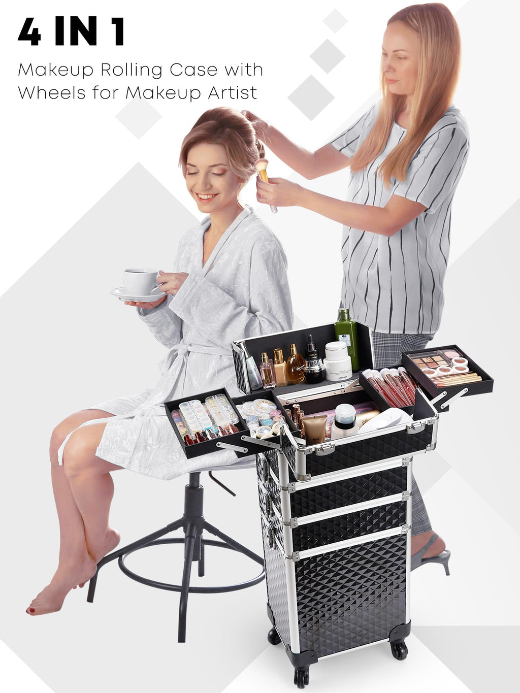 Adazzo 4-in-1 Cosmetology Case on Wheels Portable Rolling Makeup Train Case