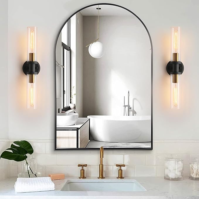 Black and Brass Gold Wall Sconces Set of Two with Clear Glass Shade - Indoor Wall Decor Set of 2