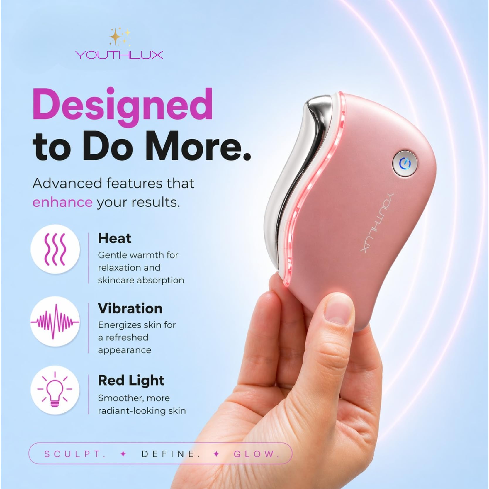 YOUTHLUX ProSculpt Heated Gua Sha Facial Massager – Electric Guasha Tool for Face Sculpting, Relaxation & Skincare | Soothing Vibration Facial Massage Tool with Contoured Design (Rose Gold)