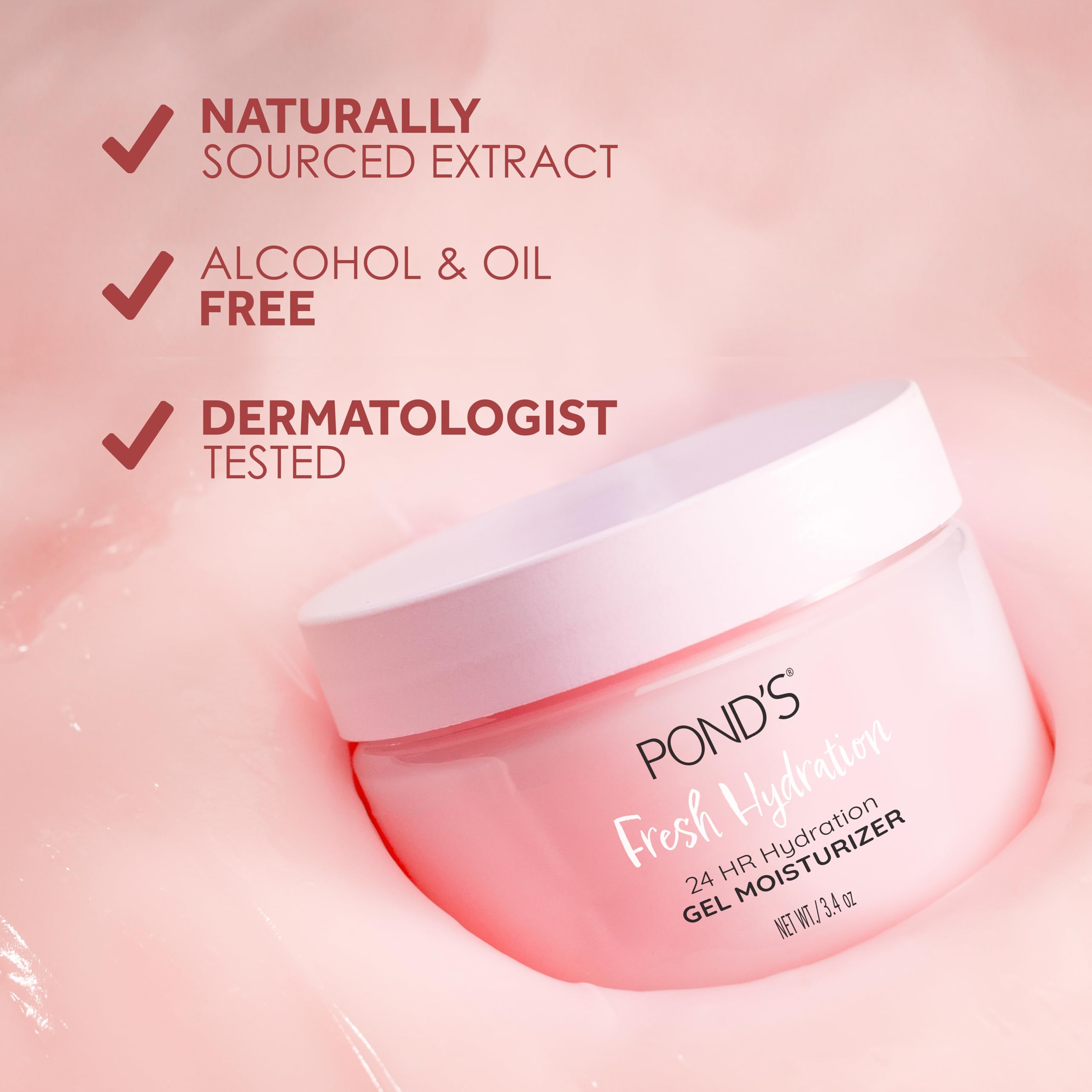 POND’S Fresh Hydration Gel Moisturizer – 24 HR Hydration with Watermelon Extract & Antioxidants – Alcohol & Oil-Free Face Moisturizer – Dermatologist Tested, 3.4 oz