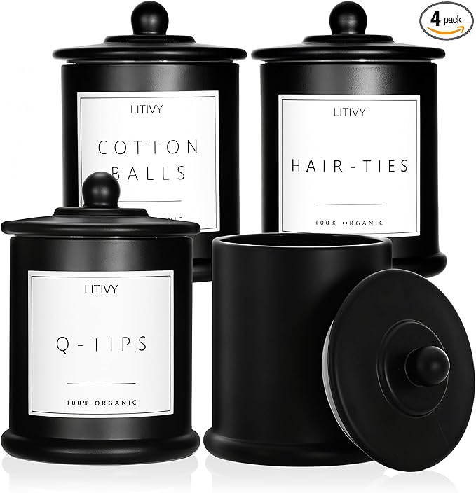 4 Pack Bathroom Organizers and Storage - 16 Oz Glass Qtip Holder & Cotton Pad Dispenser with Lid, Apothecary Jars for Home, Room Decor, Kitchen Organizer (Black)
