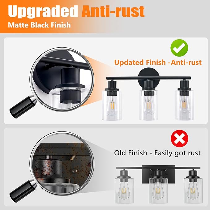 DLLT 3-Light Bathroom Light Fixtures: 18.51" Black Modern Vanity Lights with Clear Glass Shade - Bathroom Wall Lamp for Mirror Kitchen Living Room Hallway Cabinet Porch