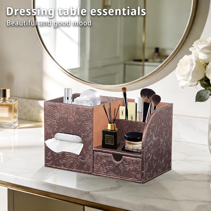 YAPISHI Tissue Box Cover with Storage Tray and Drawer, PU Leather Square Tissue Box Holder, Modern Cube Facial Tissue Dispenser, Makeup Holder, Remote Control Organizer for Nightstand, Bathroom Vanity
