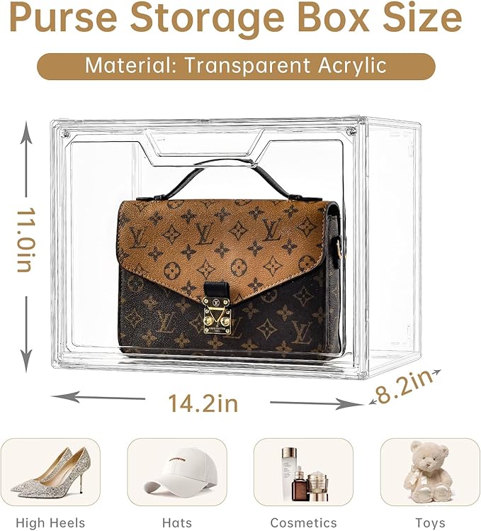 Purse Organizer for Closet,Clear Acrylic Display Case for Handbag Organizer, Purse Storage Box with Magnetic Door, Plastic Storage Bins for Book, Collectibles, Cosmetic (9 Pack)