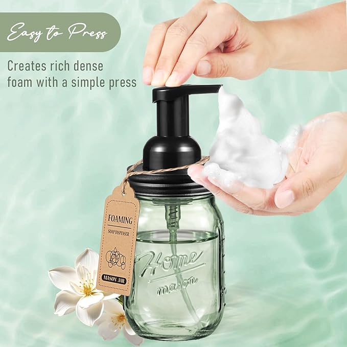 SheeChung 16 Oz Mason Jar Foaming Soap Dispenser, Stainless Steel Lid, BPA Free Pump, Green Glass Foam Hand Soap Dispenser, Refillable Liquid Foam Dispenser Bottle for Bathroom Kitchen-Black, 2 Pack