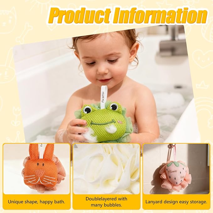 Kids Loofah, Cute Cartoon Animal Kids Bath Sponge with Hanging Rope, Soft Double Mesh for Rich Lather (Money Flower)