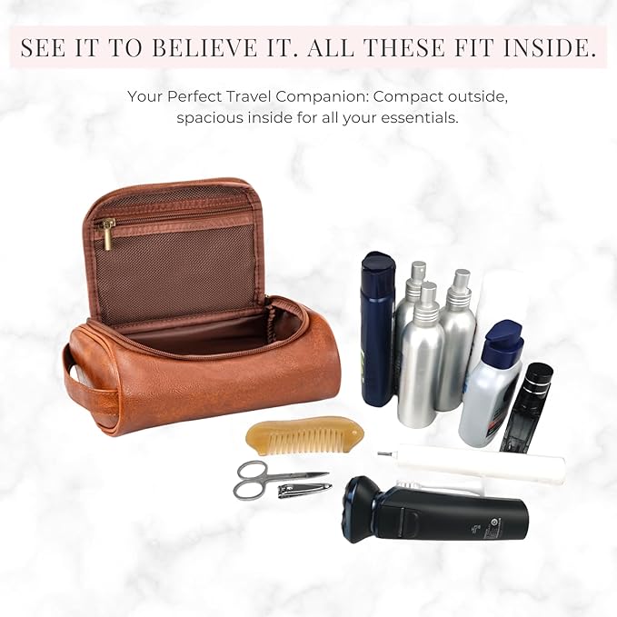 Mens Toiletry Bag, Compact Dopp Kit for Men Travel, PU Leather Shaving Kit, Water-Resistant Minimalist Organizer with Wrist Strap, Fits Grooming Essentials,Small 9X5.9X3 Inch Brown