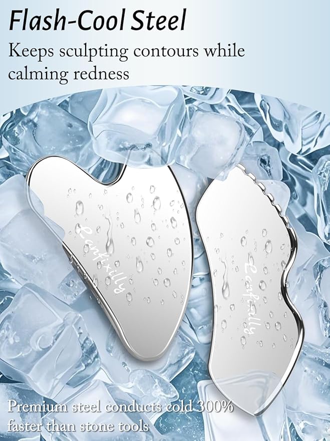 Lanfixilly 2Pcs Stainless Steel Gua Sha, Gua Sha Facial Tools for Face Sculpting, Metal Gua Sha Skin Care, Massage Gift for Women