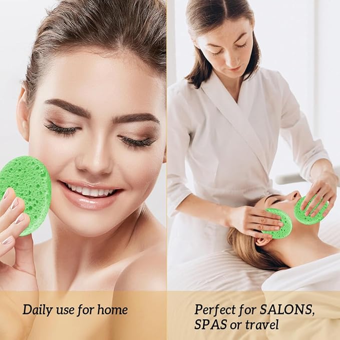 50-Count Facial Sponges Compressed Natural Cellulose Sponge Round Shape Face Sponge for Face Cleansing Exfoliating and Makeup Removal, Green