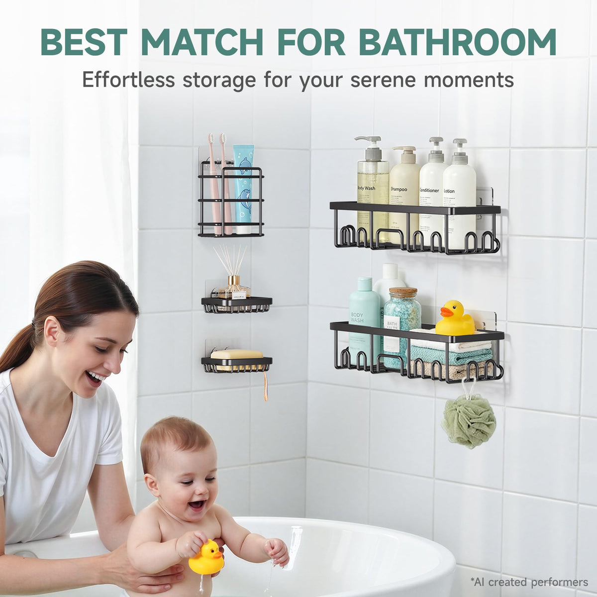 Veken Shower Caddy 5-Pack, Bathroom Organizers and Storage Shelves, Black