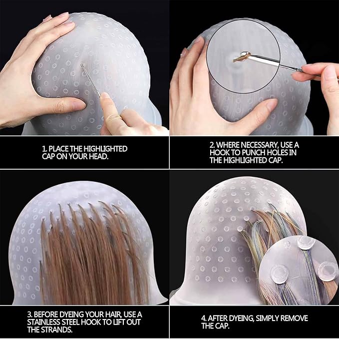 Silicone Highlight Hair Cap with Needle, Reusable Hair Highlighting Cap for DIY Hair Dyeing - Professional Styling Tools Adjustable Hair Dye Hatfor Salon-Quality Highlights