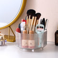 LINFIDITE 360°Rotating Makeup Brush Holder Cosmetic Display Case Clear Makeup Lip Gloss Organizer Case with 5 Slots Round Turntable Storage Tray for Vanity, Bathroom, Counter Organizer Clear White