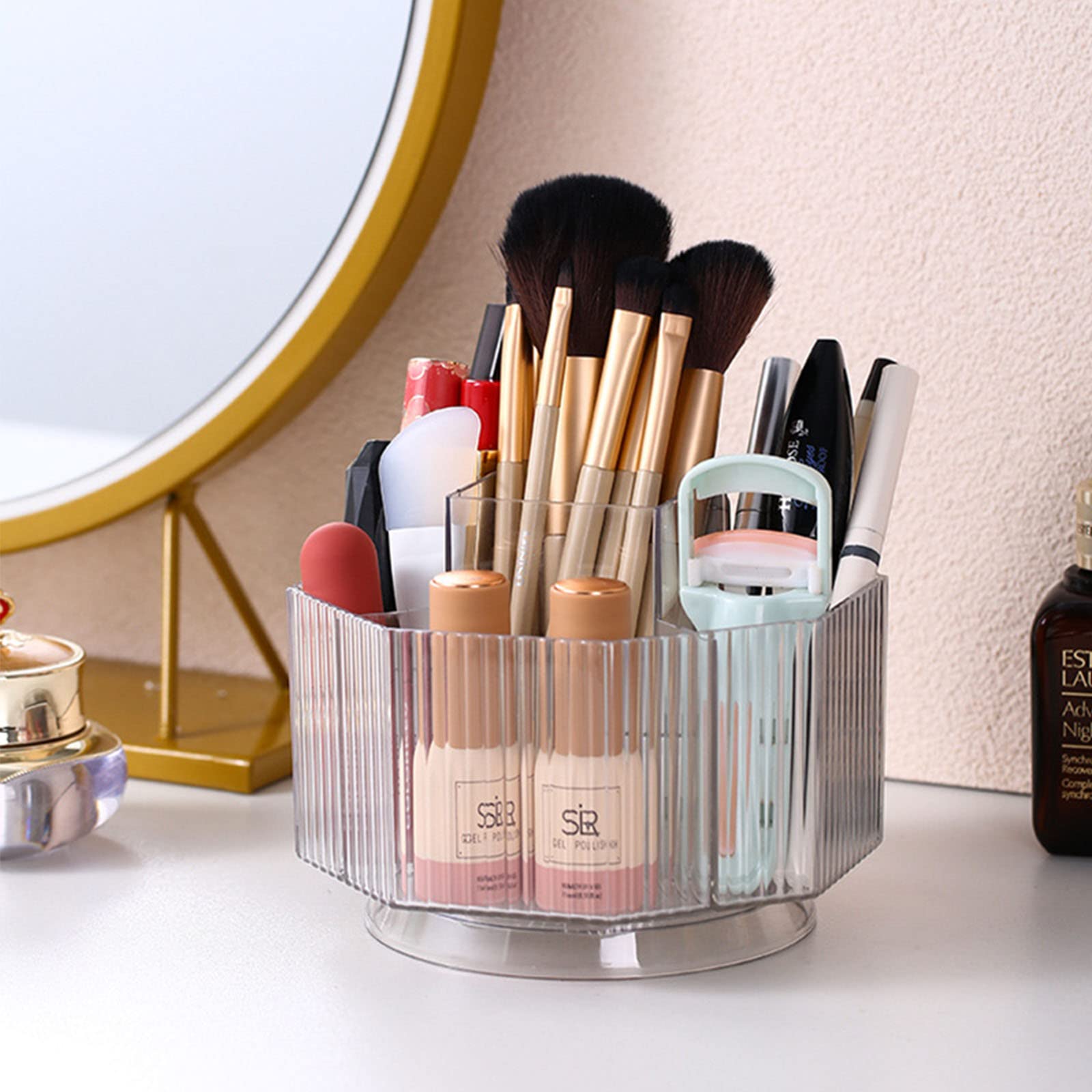 LINFIDITE 360°Rotating Makeup Brush Holder Cosmetic Display Case Clear Makeup Lip Gloss Organizer Case with 5 Slots Round Turntable Storage Tray for Vanity, Bathroom, Counter Organizer Clear White