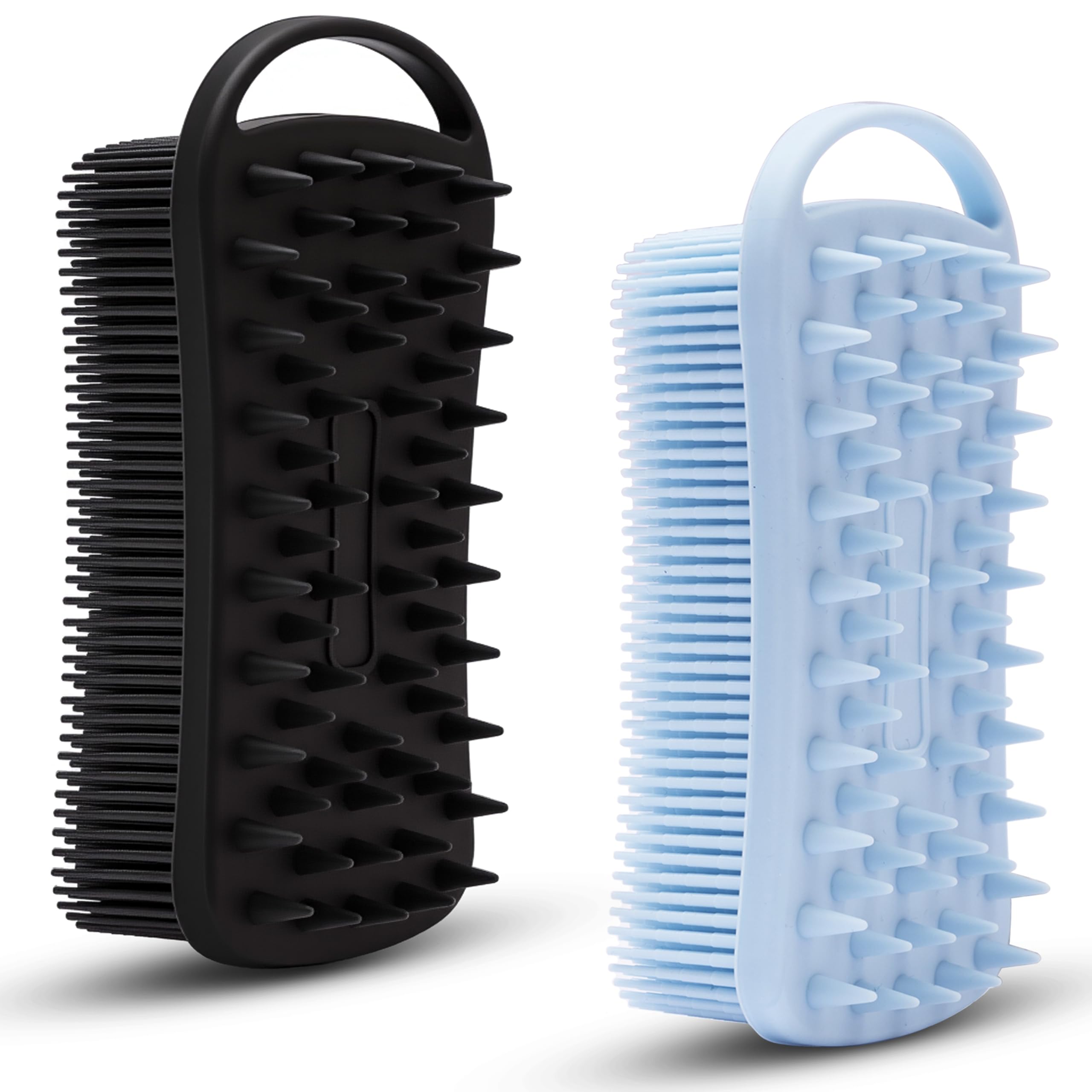 MtBoi 2 PC Silicone Body Scrubber, 2 in 1 Exfoliating Shower Bath Scrubber, Soft Silicone Loofah for Sensitive Skin, Shower Hair Scalp Massager, Easy to Clean, Lather Well (Blue&Black)