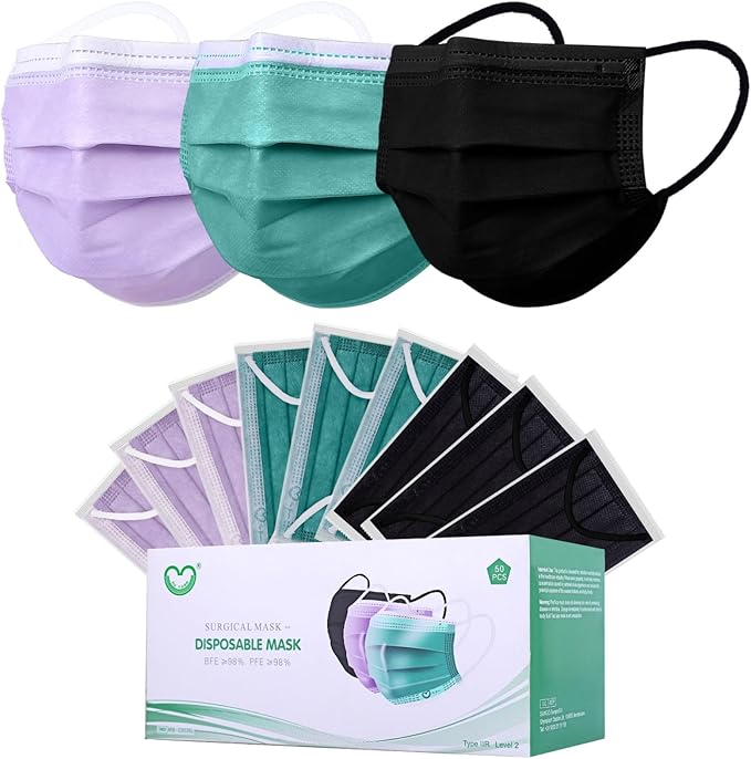 Disposable Face Masks for Adults,Premium 4ply Level2 Masks,Breathable Disposable Masks,Individually Wrapped Pack 50(3 colors)…