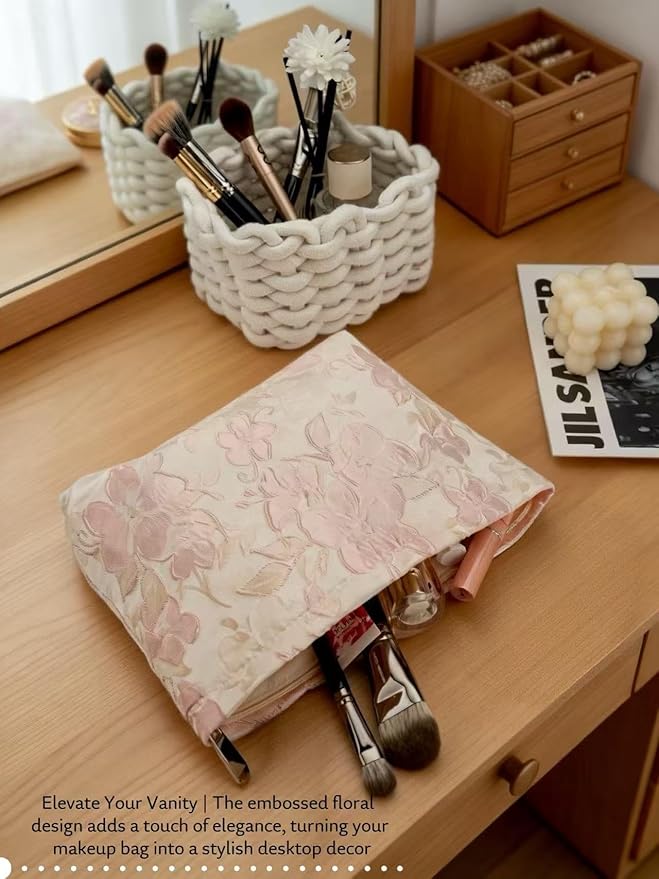 RIKMOXR D Embossed Floral Makeup Bag - Large Capacity Pink Textured Cosmetic Organizer | Travel Toiletry Pouch for Women (Elegant Flower Pattern, Durable Fabric)