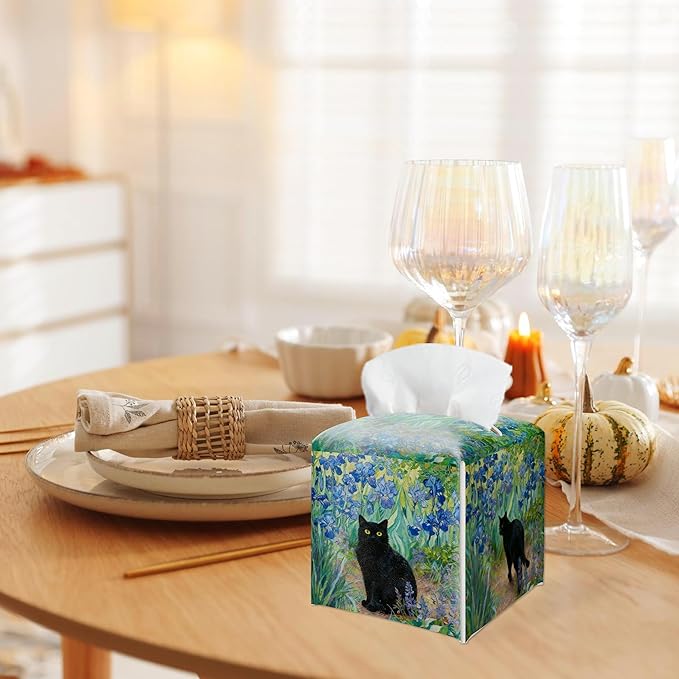 Black Cat & Blue Flowers Design Tissue Box Cover - Vintage PU Leather Waterproof Tissue Holder - Facial Paper Organizer for Home Bathroom Office - Desk Decorative Dispenser Box-B03
