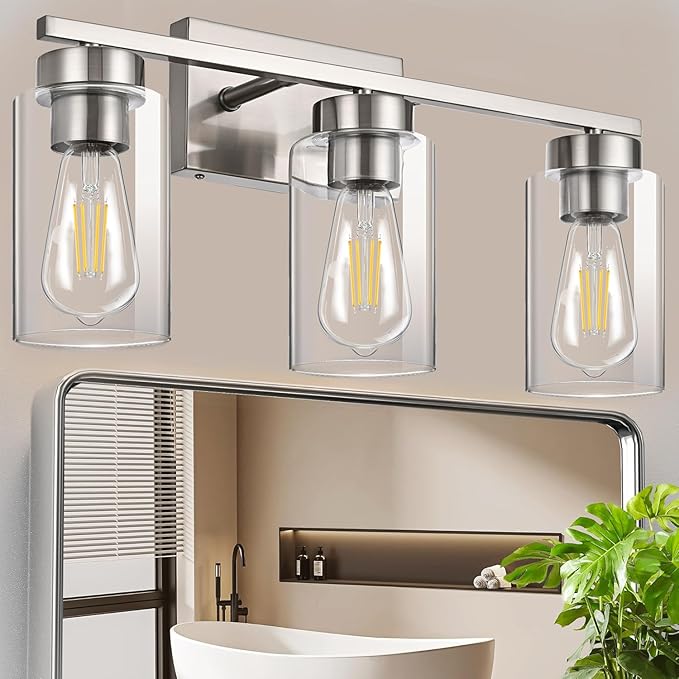 A1A9 3-Light Bathroom Vanity Light, Modern Brushed Nickel Wall Lights with Clear Glass Shades, Bathroom Wall Sconce Lamp for Mirror Living Room Bedroom Hallway