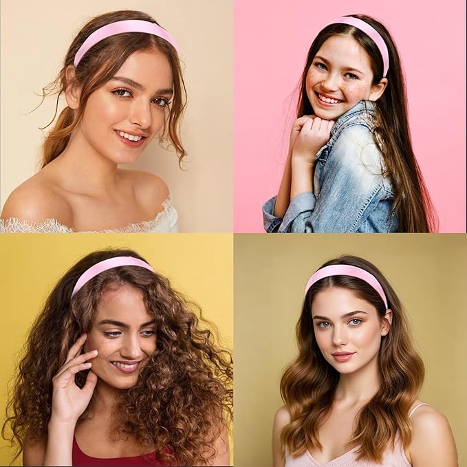 Wecoe 10 Pack Pink Headbands 1 Inch Wide Satin Headbands Women Non Slip Fashion Plain Head Bands Solid Hair Bands DIY Valentine's Day Hair Accessories for Women Girls Diademas Para Mujer