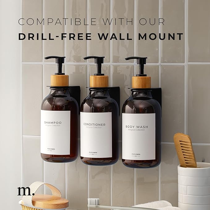 Shampoo and Conditioner Bottles Set of 3 Amber Bamboo – Shower Shampoo Dispenser – Hotel Style Bathroom Upgrade by MaisoNovo