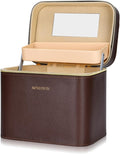Sluxa Luxury brown makeup box, Portable leather hard cosmetic case with mirror, Sturdy train case make up box for women adults. (Double-layer-Brown)