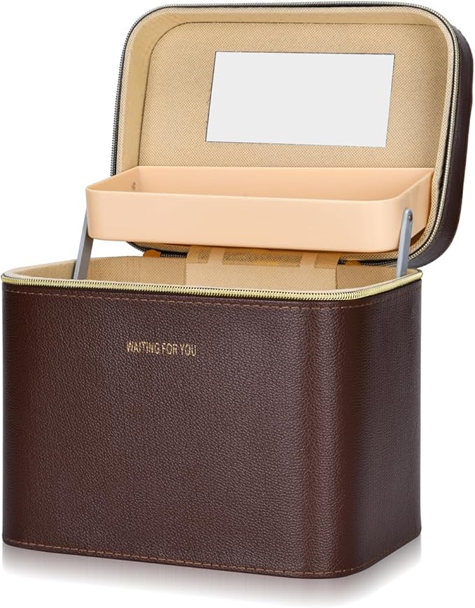 Sluxa Luxury brown makeup box, Portable leather hard cosmetic case with mirror, Sturdy train case make up box for women adults. (Double-layer-Brown)