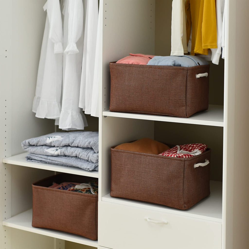 TheWarmHome Decorative Basket Rectangular Fabric Storage Bin Organizer Basket with Handles for Clothes Storage (Brown,Large-3Pack,15.7L*11.8W*8.3H)