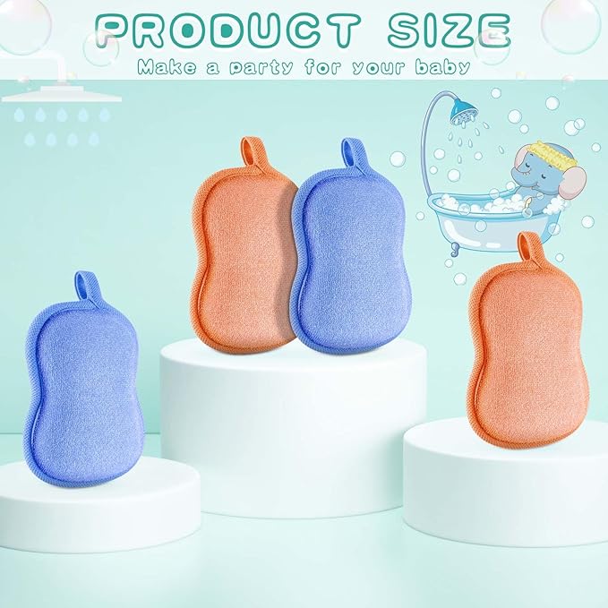Tatuo 4 Pieces Baby Bath Sponge Toddler Bath Sponge Soft Comfy Cotton Absorbent Loofah for Kids Babies Boy Girl(Orange,Blue)