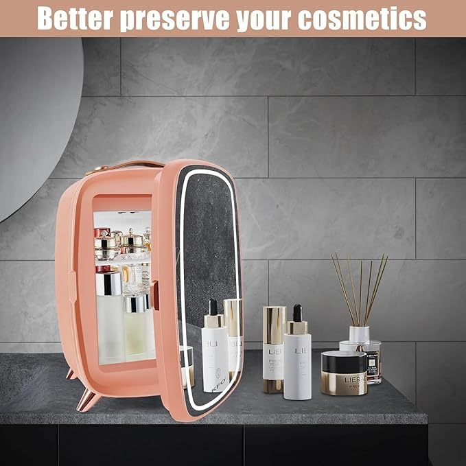 KFO Mini Skincare Fridge 6L – Beauty Fridge with Mirror & 3-Mode LED Light, Portable Cosmetic Cooler for Makeup Serums Creams, 43°F Cooling 20dB Quiet, Small Fridge for Bedroom Bathroom Office