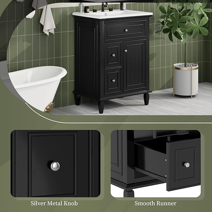 Harper & Bright Designs 24" Bathroom Vanity with Sink, Free Standing Single Basin Vanity Set with Tip-Out Drawer, 2 Drawers, and One Door, Wood Bathroom Cabinet with Ceramic Basin for Bathroom, Black