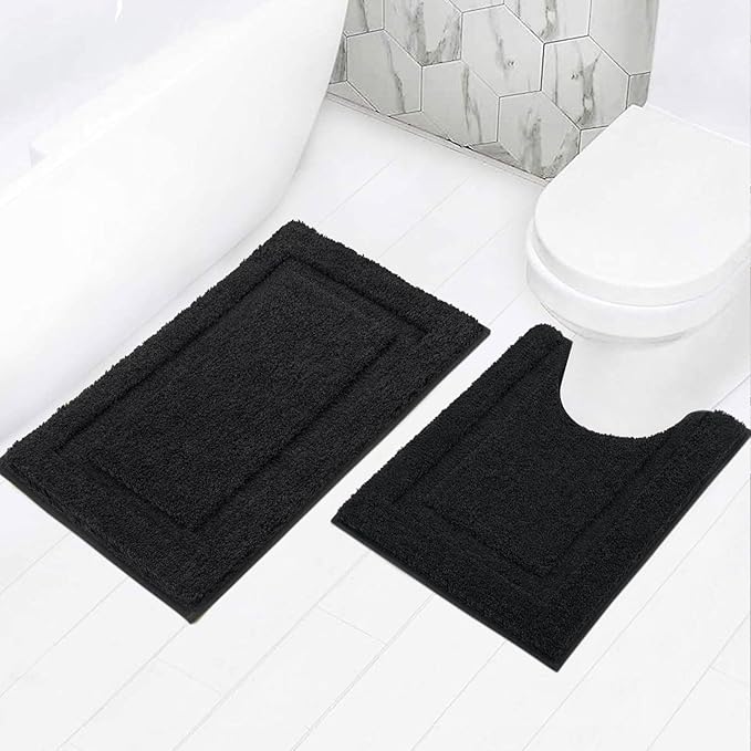 SHACOS Black Bathroom Rugs Set of 2 Pieces with U Shaped Toilet Rug Soft Absorbent Bath Mats Non Slip Washable Bathroom Mats 20"x24"+20"x32"