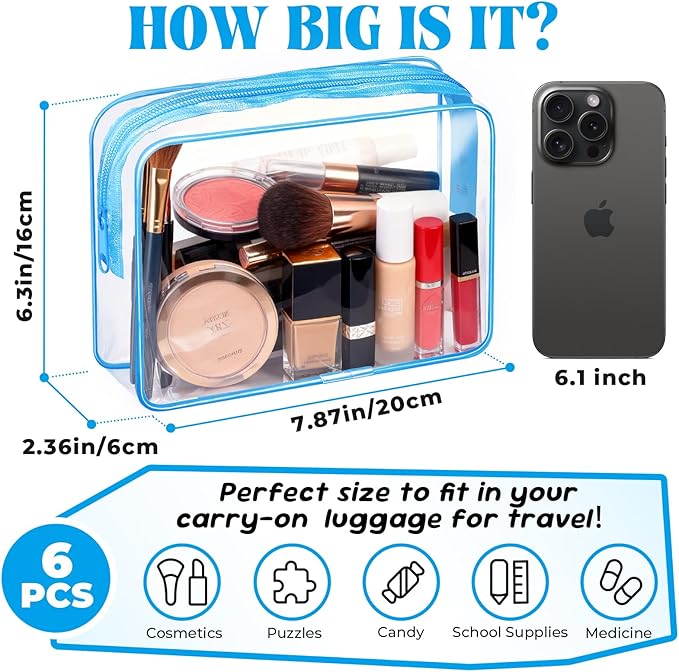CHICAUP 6 Pieces Clear Makeup Bags Bulk TSA Approved Toiletry Bag for Travel PVC Waterproof Clear Cosmetic Pouch with Zipper for Men and Women Carry-on Travel Essentials (Blue)