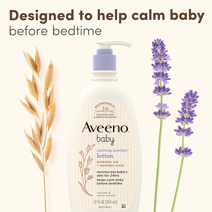 Aveeno Baby Calming Comfort Moisturizing Body Lotion with Relaxing Lavender & Vanilla Scents, Non-Greasy Baby Lotion, Nourishing Prebiotic Oatmeal, & No added parabens 12 fl. oz (Pack of 2)
