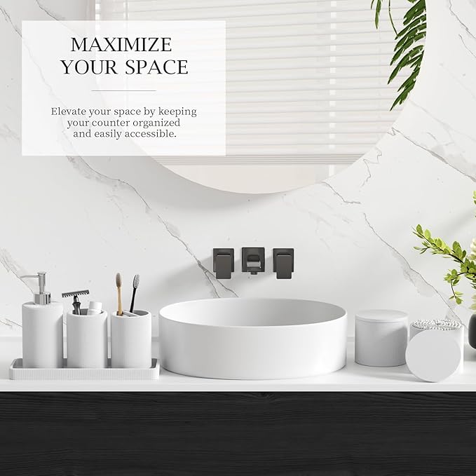 InnJoey 6-Piece White Bathroom Set - Mesh Textured Resin Bathroom Accessories Set with Soap Dispenser, Toothbrush Holder, Cup, Vanity Tray & Apothecary Jars for Small Spaces