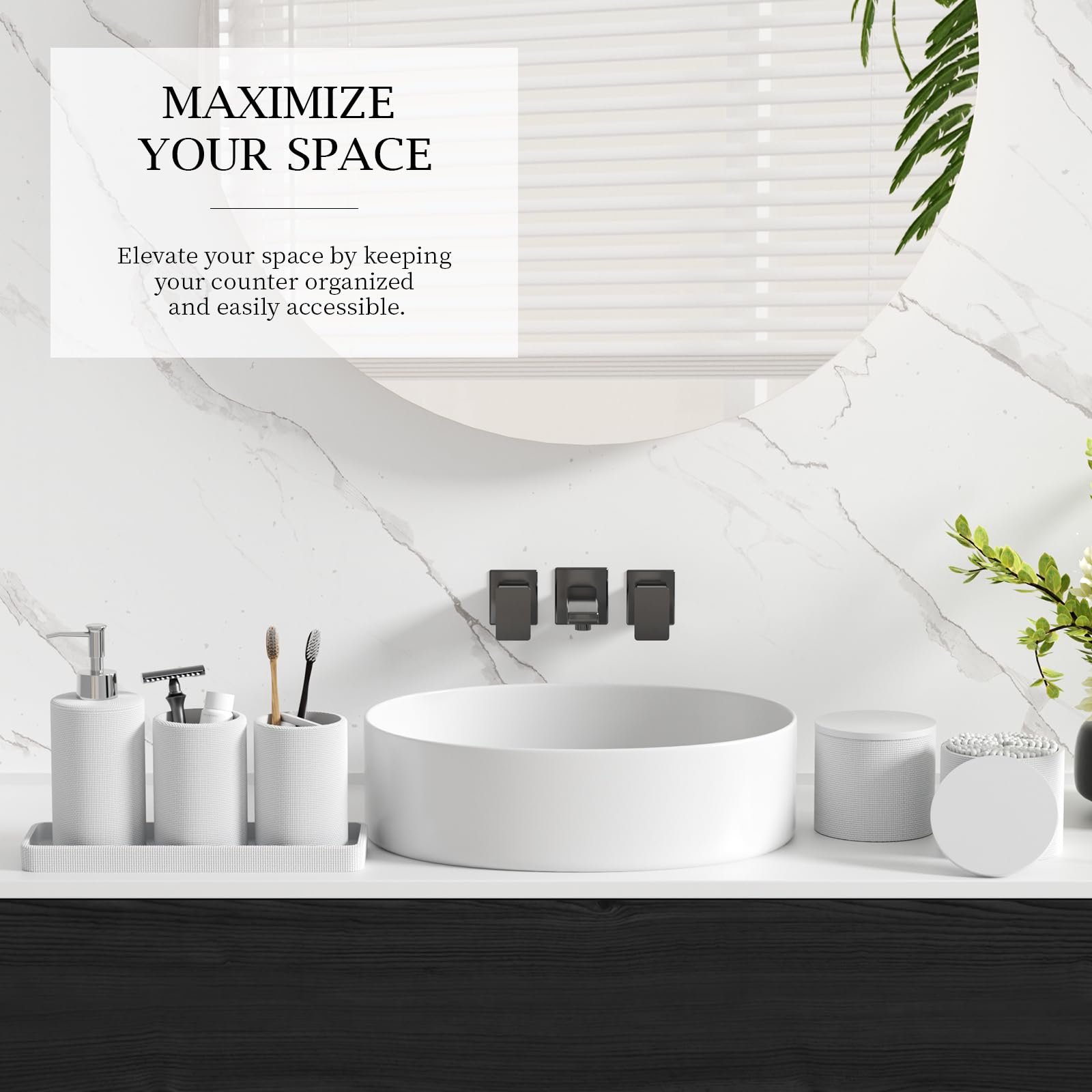 InnJoey 6-Piece White Bathroom Set - Mesh Textured Resin Bathroom Accessories Set with Soap Dispenser, Toothbrush Holder, Cup, Vanity Tray & Apothecary Jars for Small Spaces