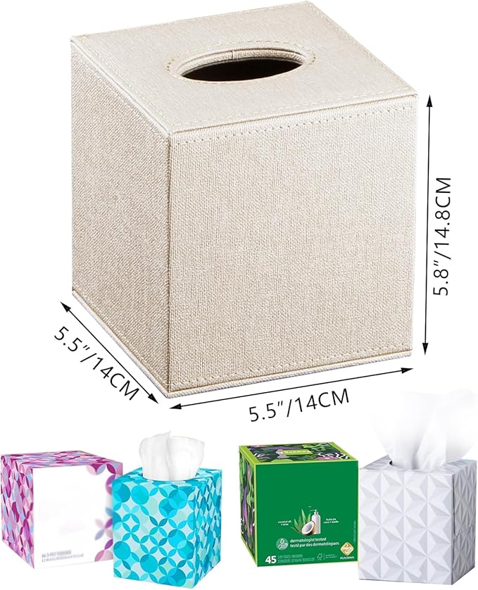 Leather Square Tissue Box Cover,Cut Tissues Cube Box Holder,Modern Facial Paper Organizer Storgage,Box Tissue Dispenser Decor Accessories for Bathroom NightStand Coffee Table Desk Home Office,Beige