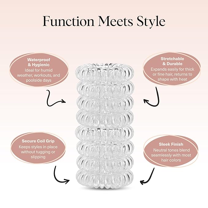 Kitsch Spiral Hair Ties for Women – Coiled Plastic Hair Ties No Damage, Ponytail Holders for Thick and Thin Hair – Creaseless and Dent-Free, Phone Cord Style - Clear, 8 Pcs