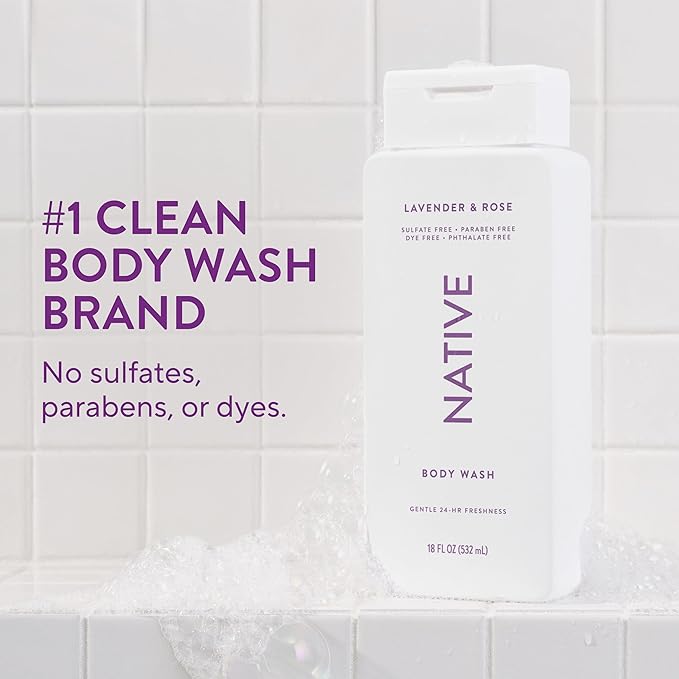 Native Body Wash Contains Naturally Derived Ingredients | For Women & Men, Sulfate, Paraben, & Dye Free Leaving Skin Soft and Hydrated | Lavender & Rose 18 oz