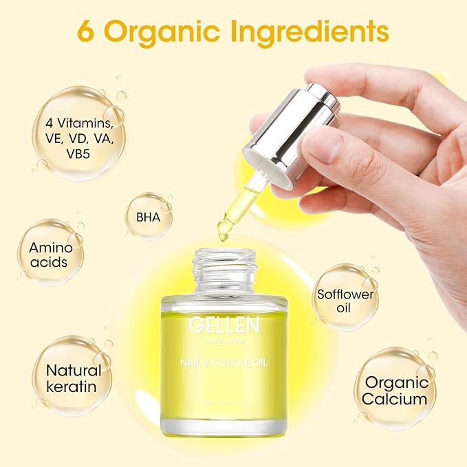 GELLEN Nail Growth Oil, Nail Cuticle Oil for Growth and Strength, Vitamin E Natural Keratin Cuticle Nails Treatment for Hydrating, Nourishing, Strengthening, Repairing, 0.68 Oz