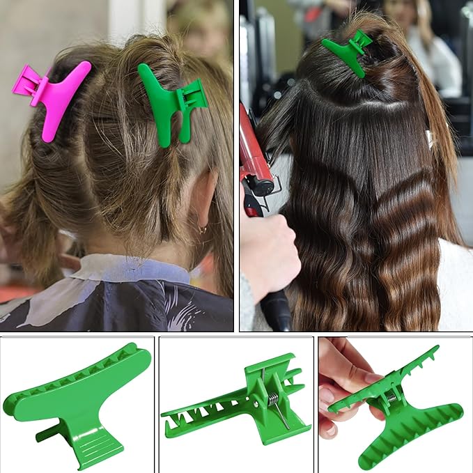 BAHABY Hair Clips for Styling Sectioning 12 Pack Green Hot Pink Butterfly Clamps Hair Claw Clips Pro Salon Hair Clips for Styling, Sectioning, Cutting and Coloring