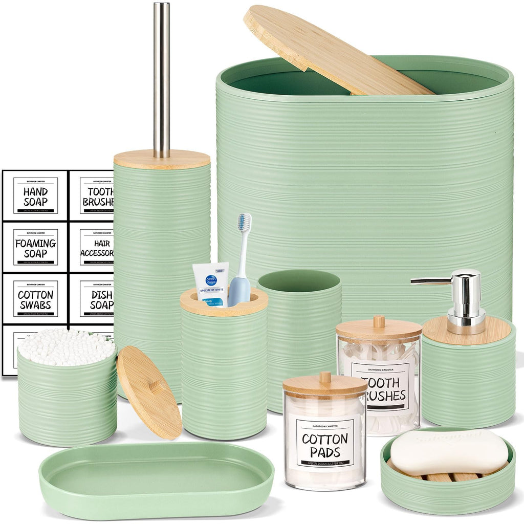 IMAVO Bathroom Accessory Set-11Pcs Green Bathroom Accessories Set with Trash Can,Soap Dispenser,Soap Dish,Toothbrush Holder,Toothbrush Cup,Toilet Brush Holder,Qtip Holder Dispenser with Labels